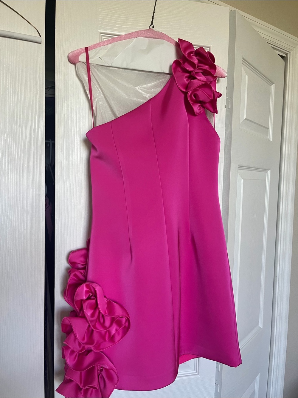 Bright Pink One-Shoulder Mini Dress with Floral Ruffle Detail
